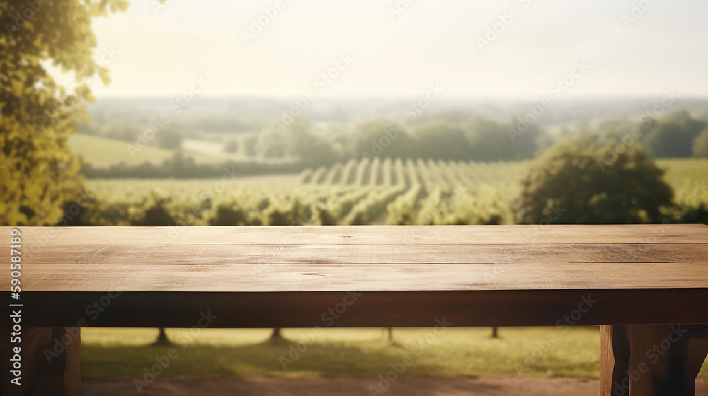Fototapeta premium Empty wood table in front of vineyard with grape and blue sky at morning blurred background concept image for product commercial ad Generative AI