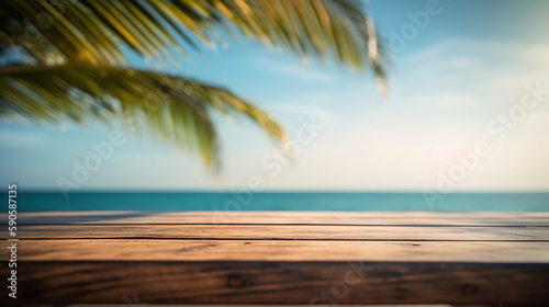 Empty wood table in front of blue sky on summer sea with palm leaf blurred bokeh background concept image for product commercial ad Generative AI © Magnetu
