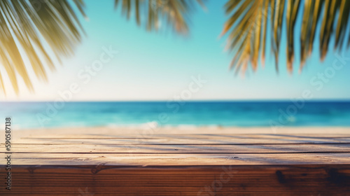 Empty wood table in front of blue sky on summer sea with palm leaf blurred bokeh background concept image for product commercial ad Generative AI 