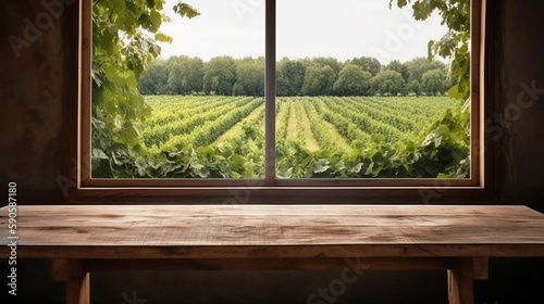 Empty wood table in front of vineyard with grape and blue sky at morning blurred background concept image for product commercial ad Generative AI