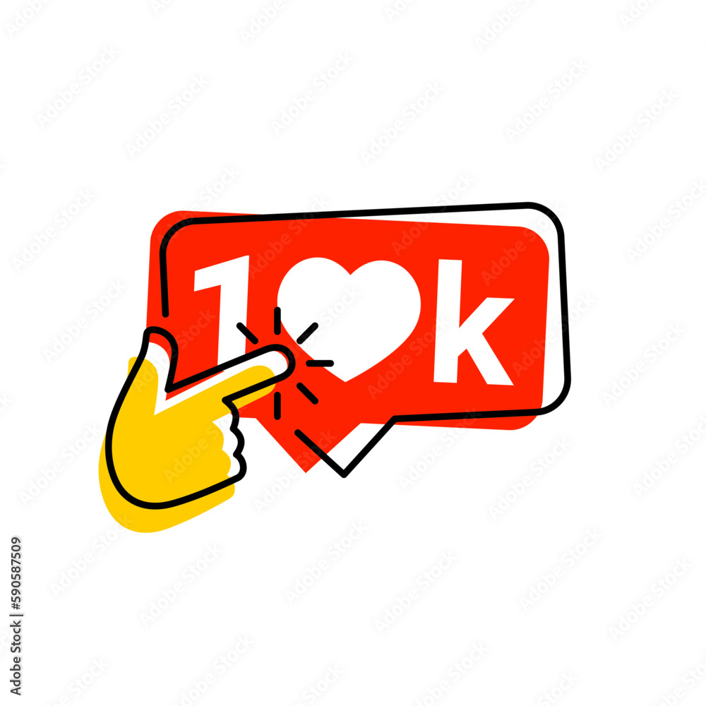 10k icon likes. 10k counter notification icon. Follower. Button, ui, web. 10000 social media likes. Hand click finger icon vector