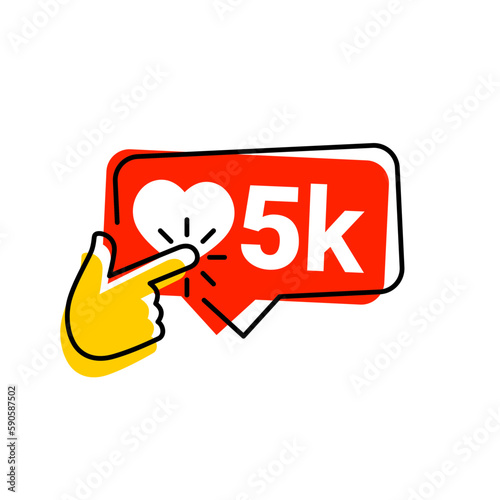 5k icon likes. 5k counter notification icon. Follower. Button, ui, web. 5000 social media likes. Hand click finger icon vector