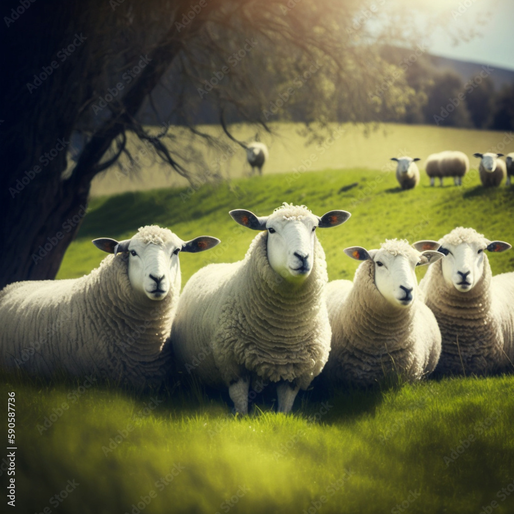 Fototapeta premium Sheep grazing in the field. Generative AI.
