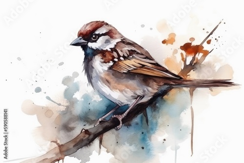 bird perched on a tree branch, painted in watercolors. Generative AI © 2rogan