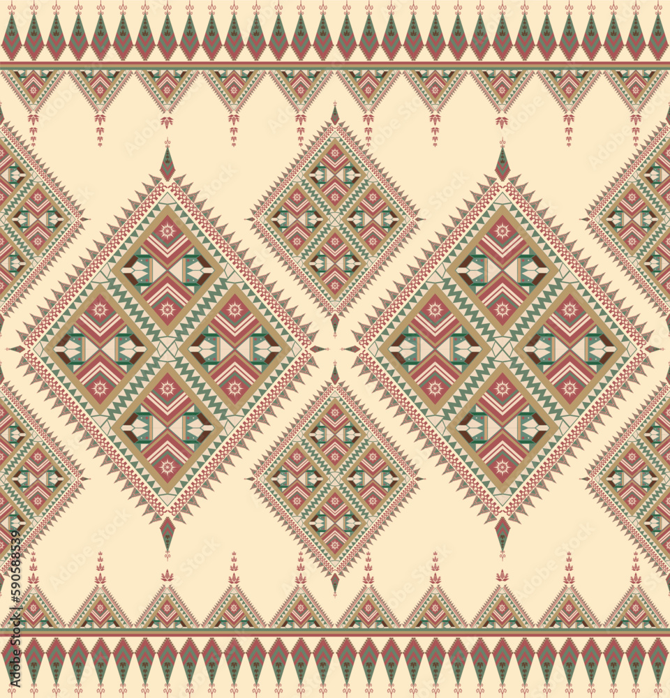 Ethnic folk geometric seamless pattern in vintage brown tone in vector illustration design for fabric, mat, carpet, scarf, wrapping paper, tile and more