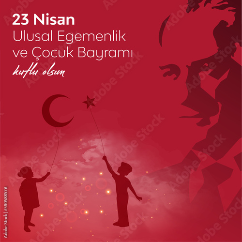 23 Nisan Ulusal Egemenlik ve Çocuk Bayramı Kutlu Olsun. (23rd April. national sovereignty and children's day) happy birthday. Boy and girl silhouettes with balloon moon and star icons. Atatürk günü.