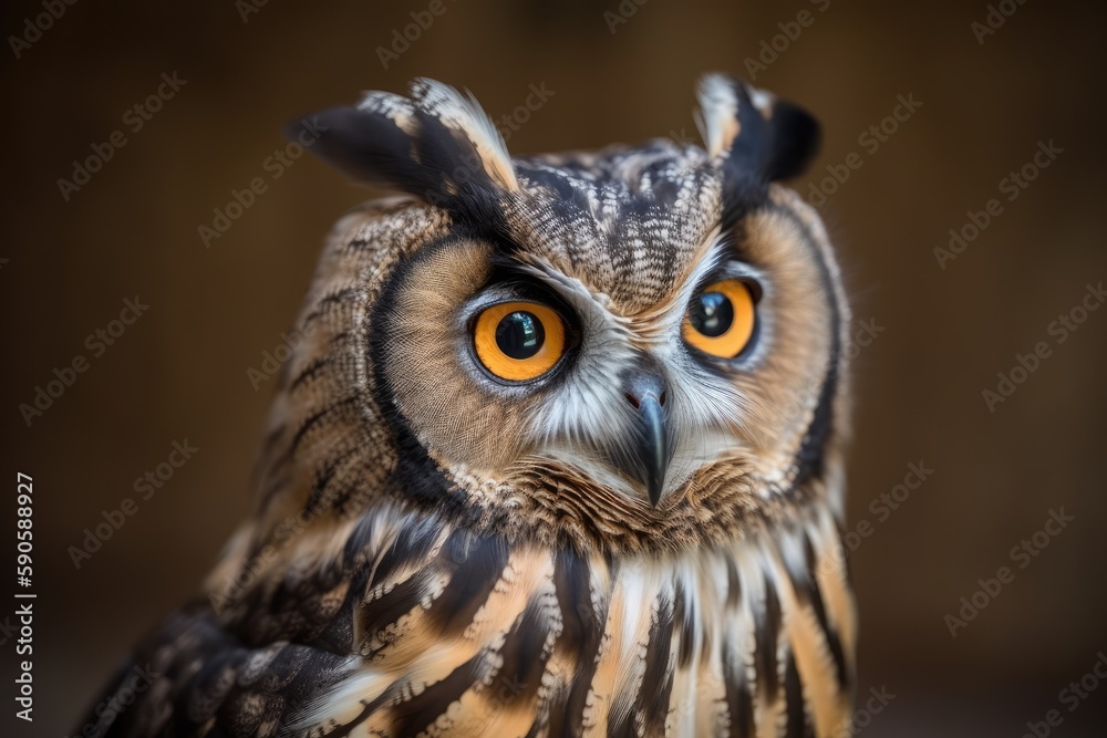 close up of an owl with striking orange eyes. Generative AI close up of an owl with striking orange eyes. Generative AI