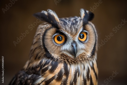 close up of an owl with striking orange eyes. Generative AI
