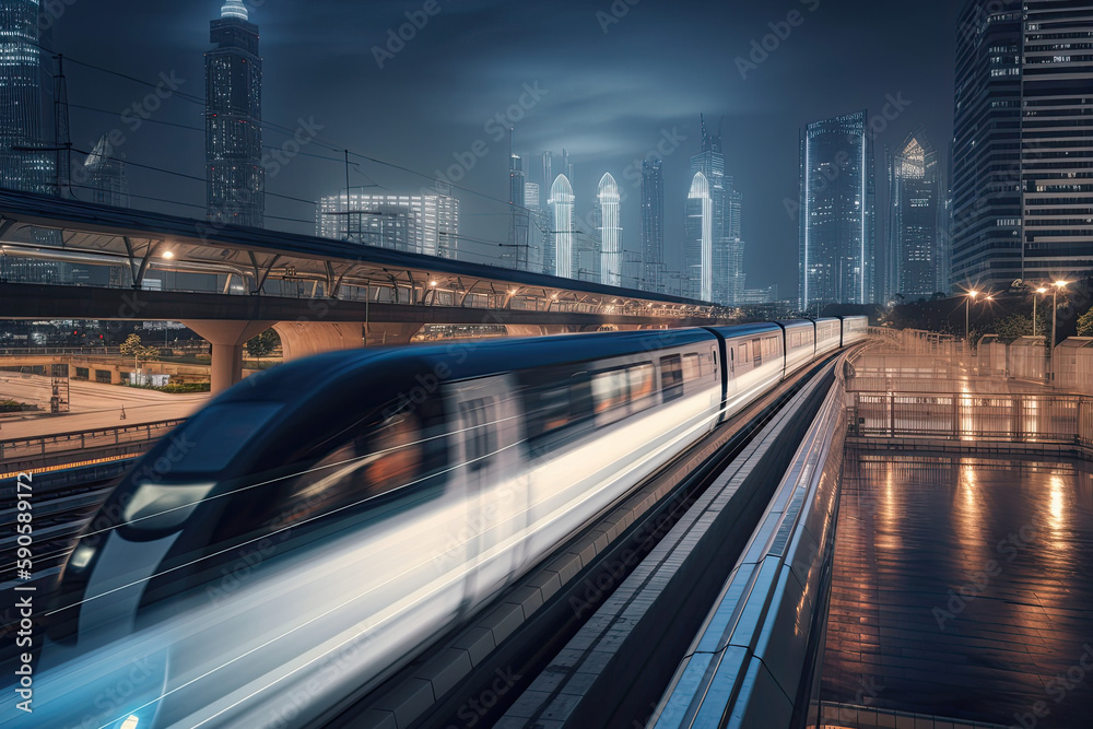 Modern high speed train at night. Fast train in city with motion blur effect, Public transport. Railway transportation. Created with Generative AI