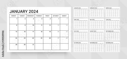 Monthly calendar template for 2024 year. Wall calendar in a minimalist style. Week Starts on Monday. Planner for 2024 year.