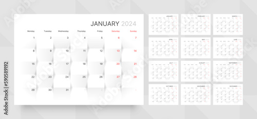 Monthly calendar template for 2024 year. Planner diary with 3d paper background. Week Starts on Monday. 