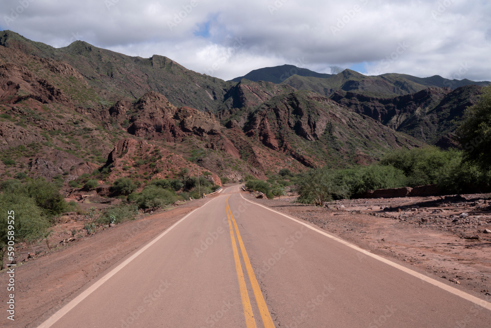 View of the asphalt road across the red desert. the mountains and cliffs in the background. 
