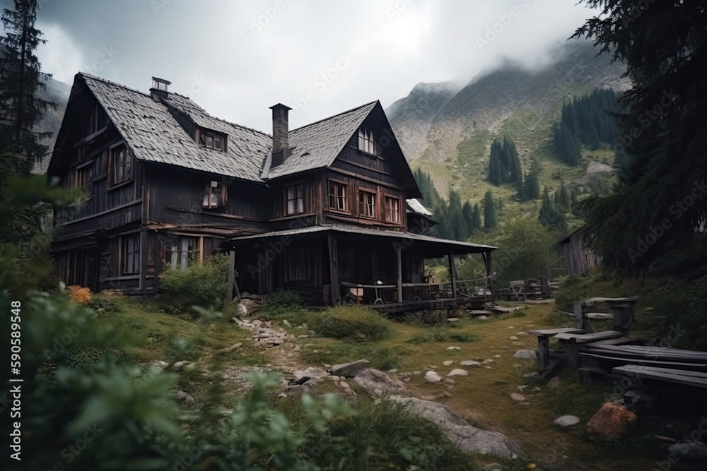 Wooden cottage in mountains. Old hut cabin in forest. Living building in nature landscape. Place for relax. Created with Generative AI