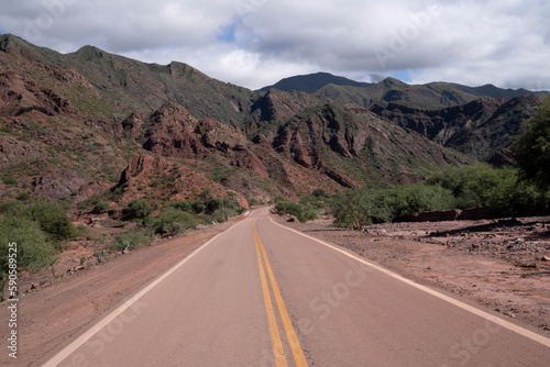 View of the asphalt road across the red desert. the mountains and cliffs in the background. 