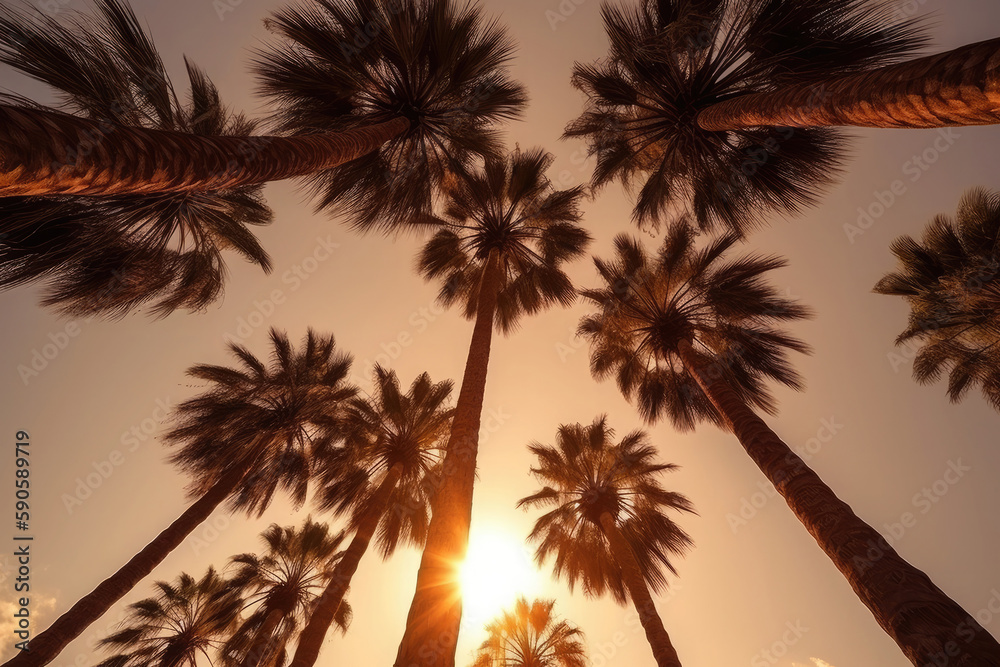 Palm tree silhouettes against sunset sky. Tropical background. Created with Generative AI