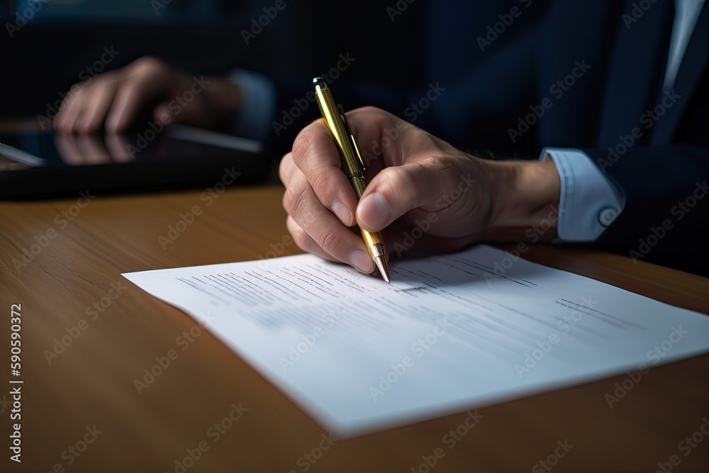 Close-up Of Businessperson Signing Contract, writing paper at the desk with pen and reading books at table with basic business Form document working in office. Generative Ai. Close-up Of Businessperson Signing Contract, writing paper at the desk with pen and reading books at table with basic business Form document working in office. Generative Ai.