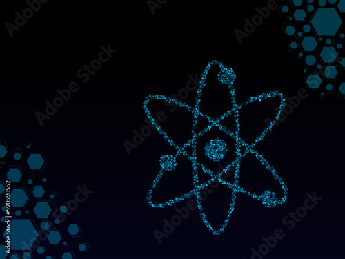 science or atom symbol made from low poly hexagons, electrons and neutrons moving around core for energy