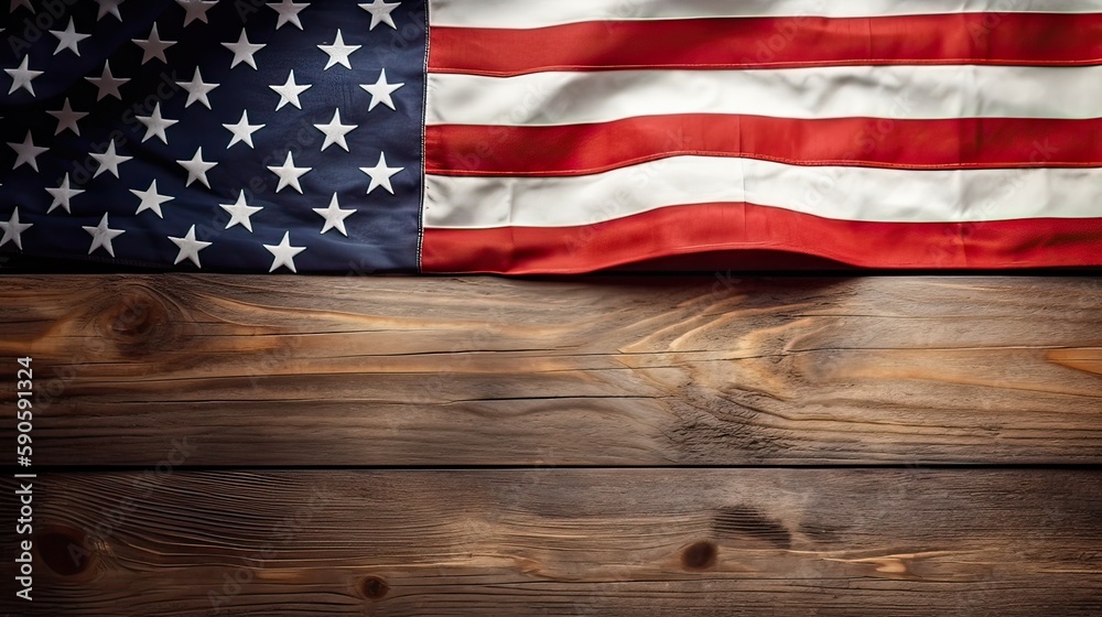Obraz premium Top view overhead America United States flag, memorial remembrance and thank you of hero, studio shot with copy space on wooden table background, USA holiday or Independence day concept. Generative Ai