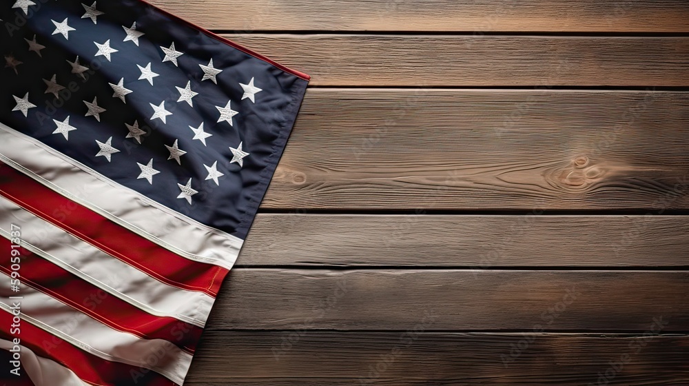 Obraz premium Top view overhead America United States flag, memorial remembrance and thank you of hero, studio shot with copy space on wooden table background, USA holiday or Independence day concept. Generative Ai
