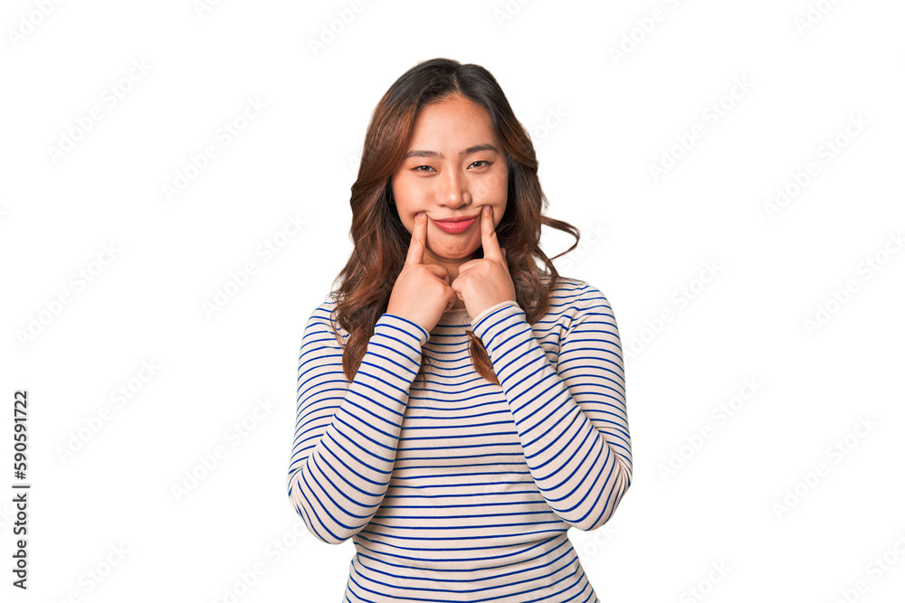 A young chinese woman doubting between two options. A young chinese woman doubting between two options.