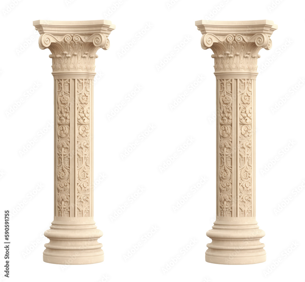 Architectural beige columns Ionic order isolated on transparent png background. Generative ai Architectural beige columns Ionic order isolated on transparent png background. Generative ai