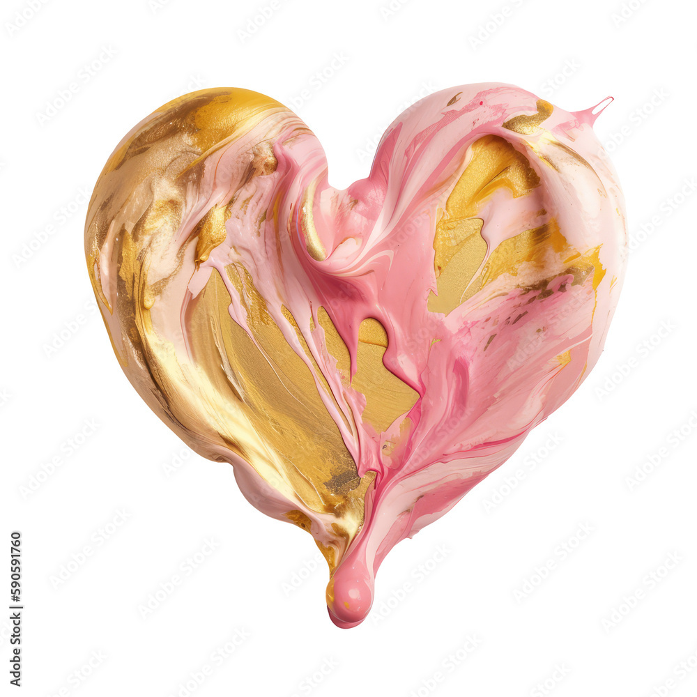 Obraz premium Abstract lipstick smudge or color pink gold paint heart shape impasto texture isolated background transparent png. Generative ai. Beauty makeup wedding product swatch and love Valentine concept