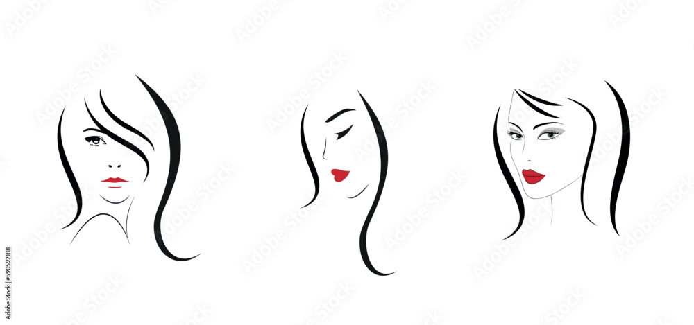 Set of Beautiful Young Woman faces prints or logos Set of Beautiful Young Woman faces prints or logos