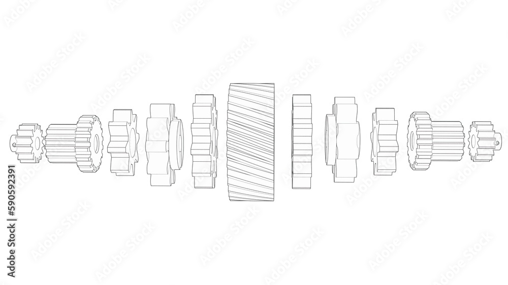 Technical drawing of gears .Engineering technical drawing on a white