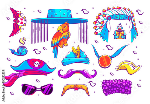 Set of vector character accessories: mustache, pipe, parrot, mexican hat, indian headdress, pirate hat, glasses, etc.