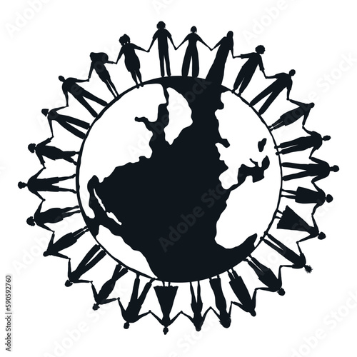Black silhouettes. large group of people. Men and women are holding hands, stand around the world map. Multicultural group of people. vector illustration