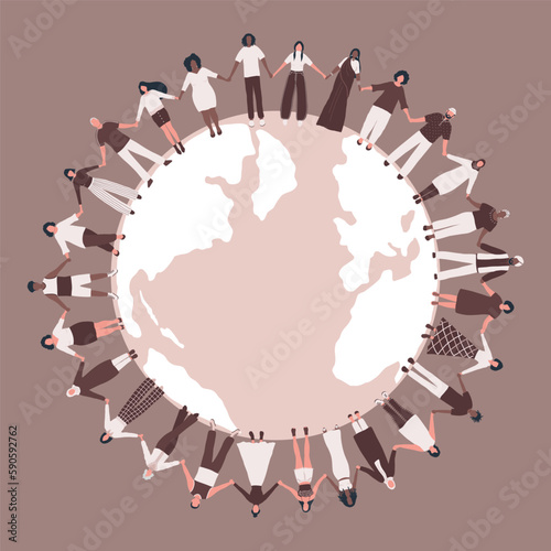 large group of people. Men and women are holding hands, stand around the world map. Multicultural group of people. Vector illustration