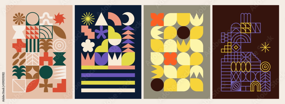 Fototapeta premium Abstract, colorful and geometric posters, postcards or covers. Neo geo artistic print or wall art. Flat vector illustration. Trendy geometric design. Minimalist and retro background. Basic shapes.