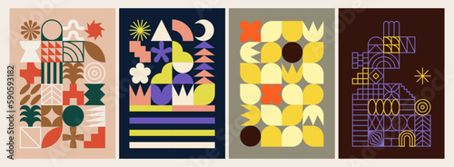 Abstract, colorful and geometric posters, postcards or covers. Neo geo artistic print or wall art. Flat vector illustration. Trendy geometric design. Minimalist and retro background. Basic shapes.