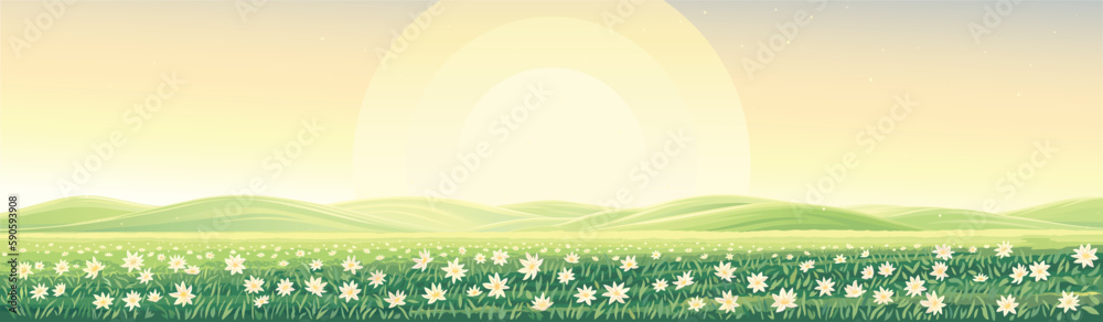 Rural landscape with hills in the background and a flowering meadow with a carpet of large flowers in the foreground. Vector illustration.