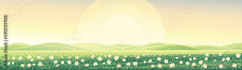 Rural landscape with hills in the background and a flowering meadow with a carpet of large flowers in the foreground. Vector illustration.