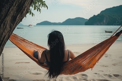 Woman on Vacation Relaxing in a Hammock on a Tropical Beach  Generative AI 