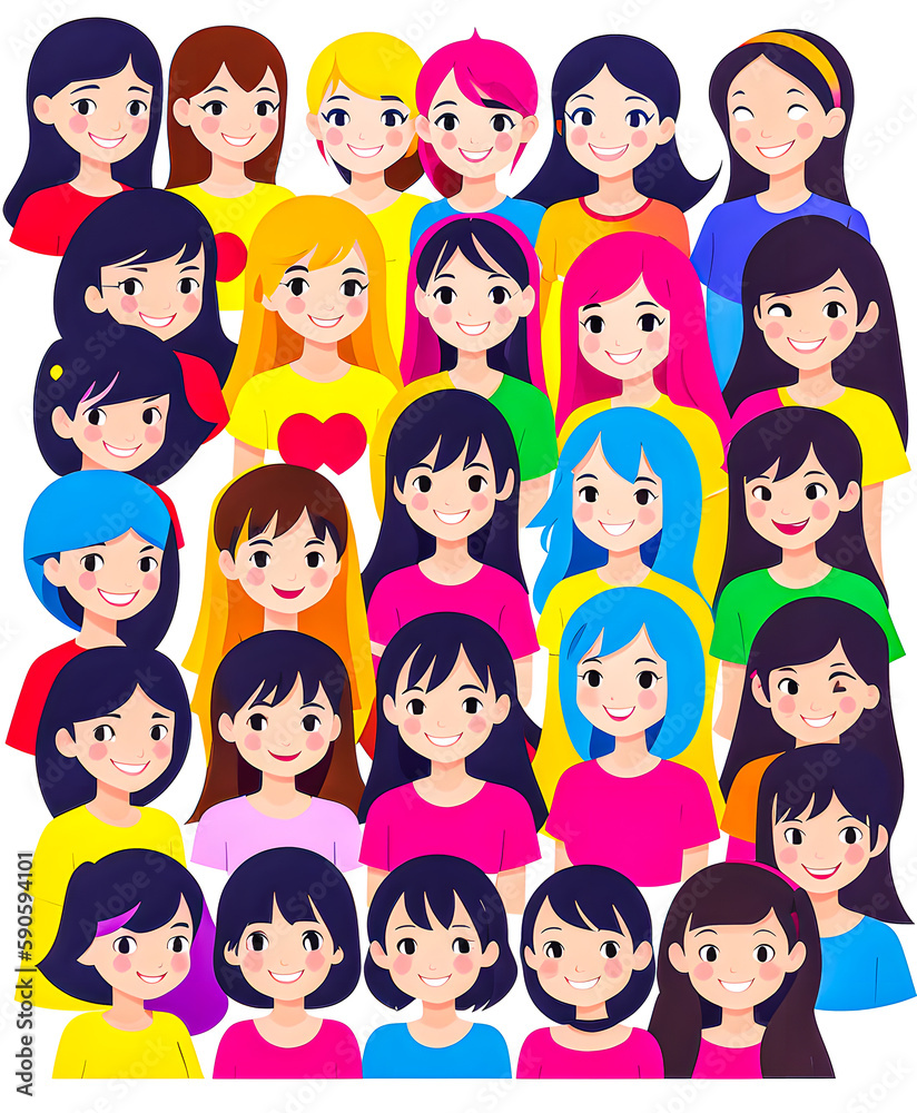 Illustration in vector a group of girls, hair of different colors, women's solidarity. 2d. friendship of Peoples. school. smiles.