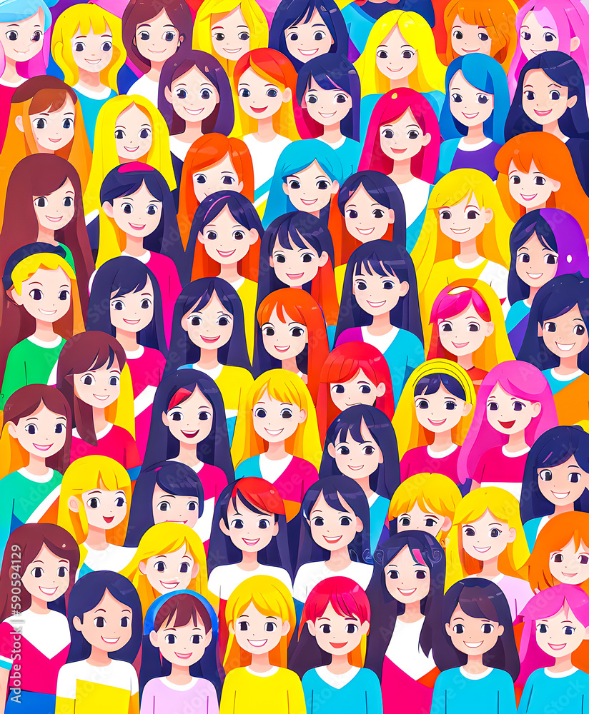Illustration in vector a group of girls, hair of different colors, women's solidarity. 2d. friendship of Peoples. school. smiles. Illustration in vector a group of girls, hair of different colors, women's solidarity. 2d. friendship of Peoples. school. smiles.