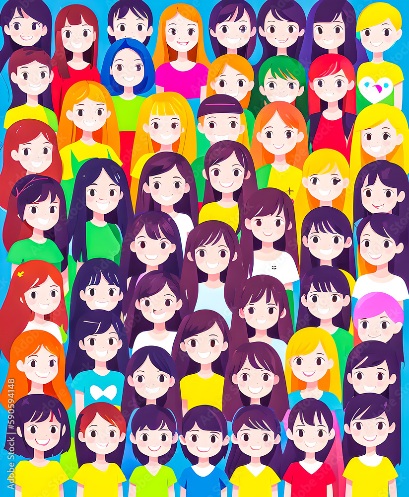 Illustration in vector a group of girls, hair of different colors, women's solidarity. 2d. friendship of Peoples. school. smiles. Illustration in vector a group of girls, hair of different colors, women's solidarity. 2d. friendship of Peoples. school. smiles.