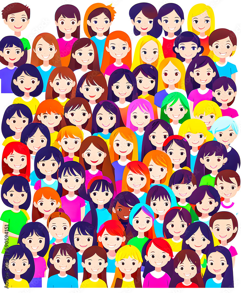Illustration in vector a group of girls, hair of different colors, women's solidarity. 2d. friendship of Peoples. school. smiles. Illustration in vector a group of girls, hair of different colors, women's solidarity. 2d. friendship of Peoples. school. smiles.