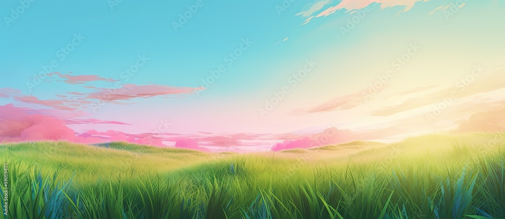 Fields and pastures with lush green grass, under sunny blue skies of summer. Background is serene. Generative AI