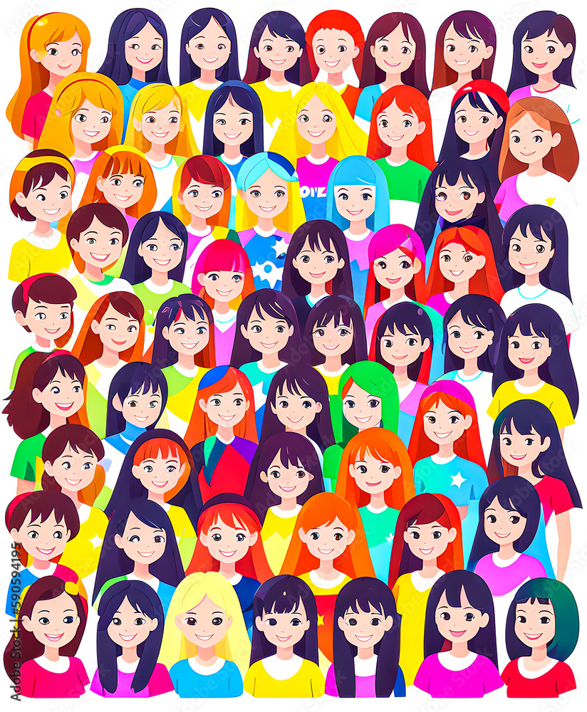 Illustration in vector a group of girls, hair of different colors, women's solidarity. 2d. friendship of Peoples. school. smiles.