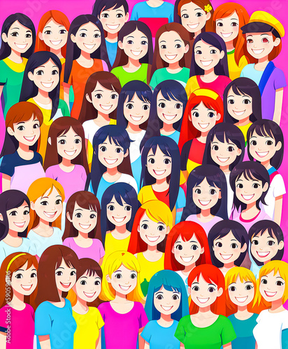 Illustration in vector a group of girls, hair of different colors, women's solidarity. 2d. friendship of Peoples. school. smiles. © VILTVART