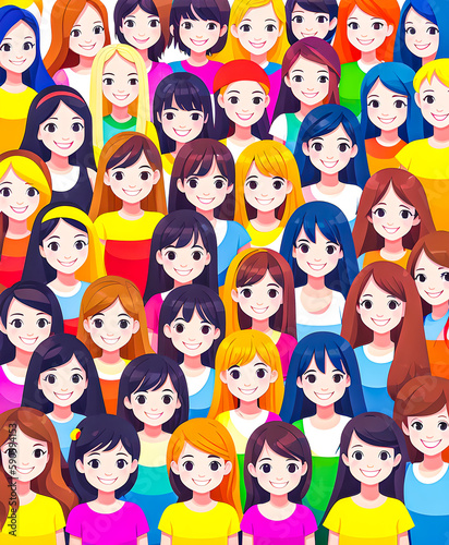 Illustration in vector a group of girls, hair of different colors, women's solidarity. 2d. friendship of Peoples. school. smiles.