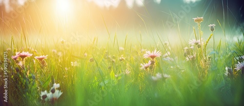 Fields and pastures with lush green grass, under sunny blue skies of summer. Background is serene. Generative AI