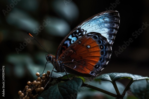 butterfly perched on a green plant, with detailed wings and antennae visible. Generative AI © 2rogan