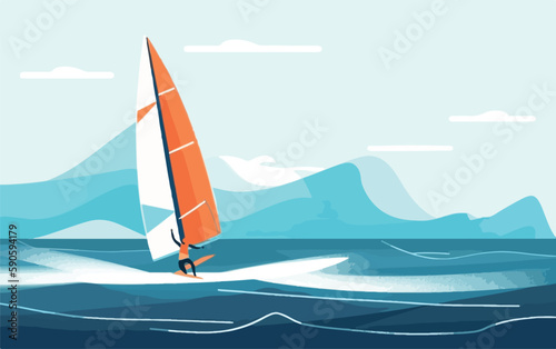 Person windsurfing in the ocean, with the wind blowing through their hair and the waves crashing around them. Flat vector summer watersport illustration concept. Gadget-free vacation. Generative AI