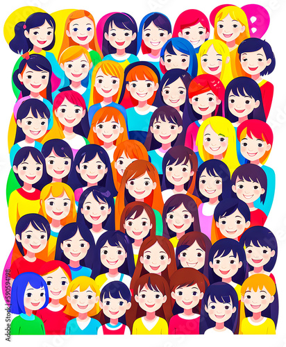 Illustration in vector a group of girls  hair of different colors  women s solidarity. 2d. friendship of Peoples. school. smiles.