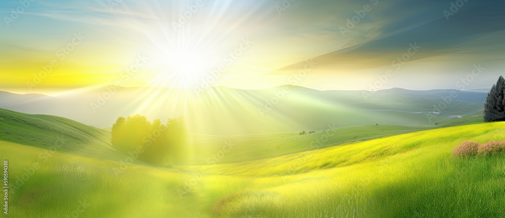 Fields and pastures with lush green grass, under sunny blue skies of summer. Background is serene. Generative AI Fields and pastures with lush green grass, under sunny blue skies of summer. Background is serene. Generative AI