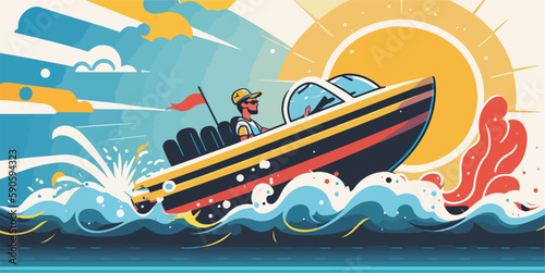 Person enjoying a light summer day out on a speedboat with the sun shining bright and waves splashing around. Flat vector summer watersport illustration concept. Gadget-free vacation